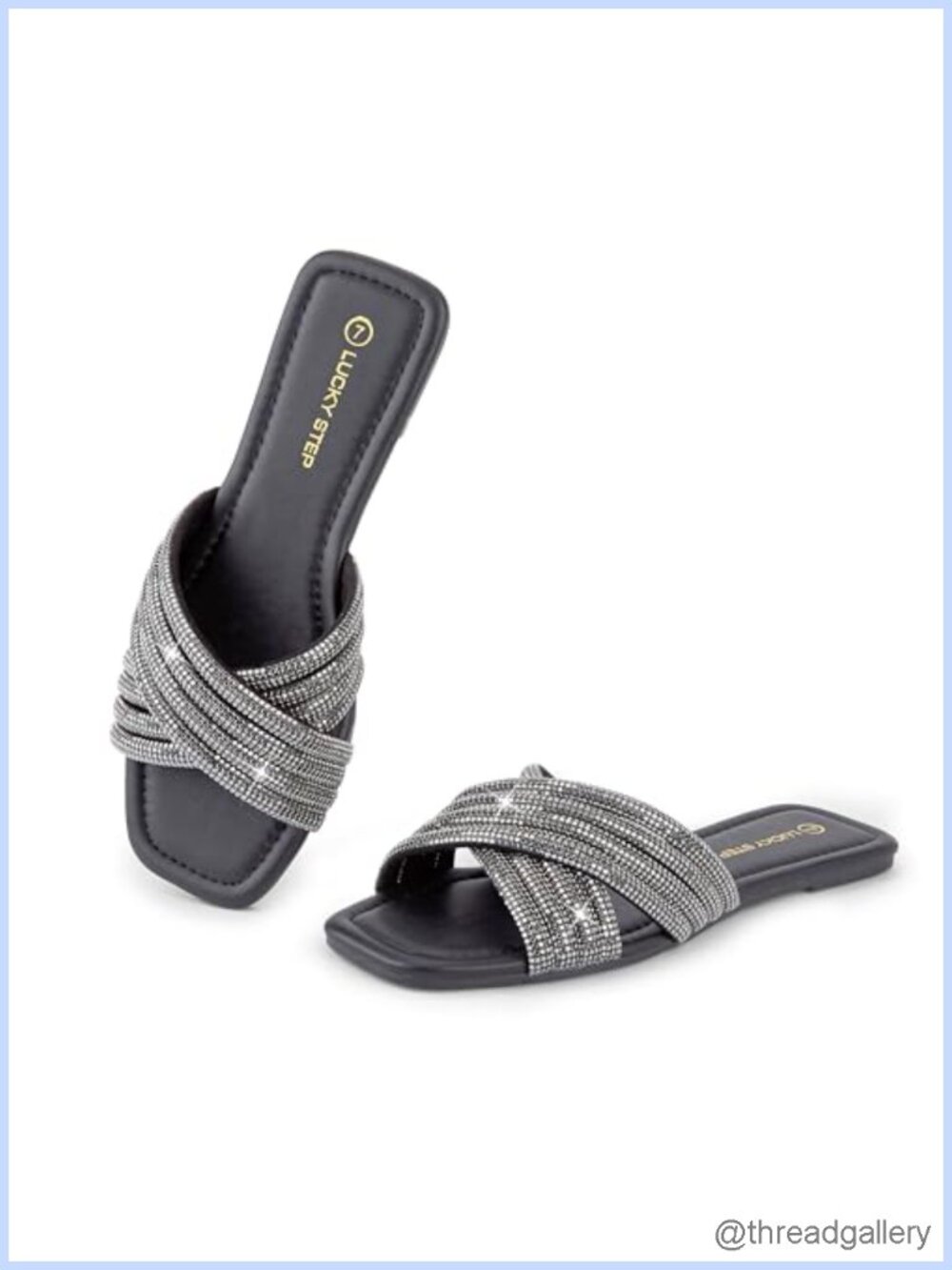 Rhinestone Flat Sandals Slide Sparkle Square Open Toe Slip On Summer Casual